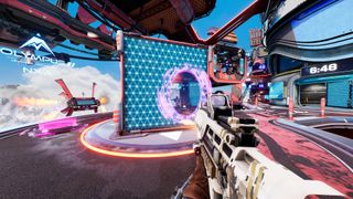 A screenshot from Splitgate, showing the player aiming their gun through a portal at another player located elsewhere on the map.