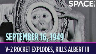 A title card with a small monkey who launched on a failed test flight in 1949