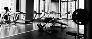 Black and white image of gym equipment
