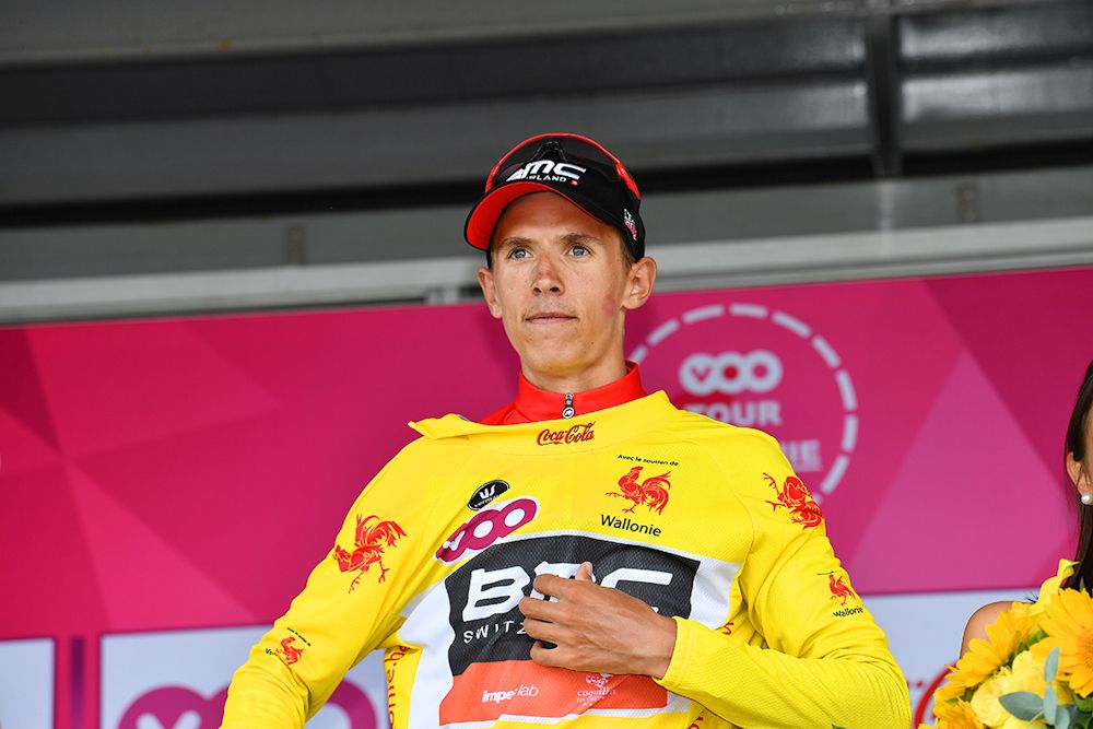 Dylan Teuns on the podium after winning stage 3 at Tour de Wallonie