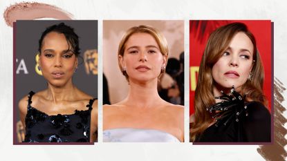 A collage of celebrities wearing the 'solo' eyeshadow trend: On the left is a picture of Kerry Washington wearing brown eyeshadow and eyeliner, as well as a navy dress at the 2026 EE BAFTA Film Awards at The Royal Festival Hall on February 22, 2026 in London, England. Followed by a picture of Jessie Buckley, with subtle taupe eyeshadow and wearing a light blue dress at the 83rd annual Golden Globe Awards at The Beverly Hilton on January 11, 2026 in Beverly Hills, California. And finally, on the right, is a picture of Rachel McAdams with metallic eyeshadow and wearing a black dress at the world premiere of 20th Century Studios' "Send Help" at TCL Chinese Theatre on January 21, 2026 in Hollywood, California. All featured in a white and grey gradient template with two eyeshadow powder stock images.