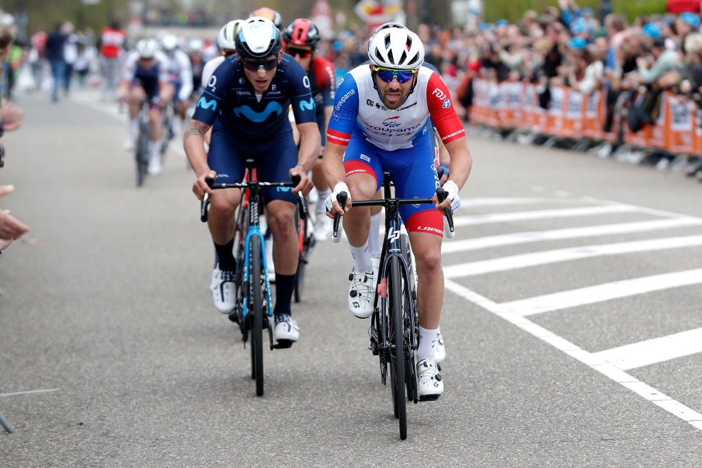 VALKENBURG NETHERLANDS APRIL 10 LR Ivan Garcia Cortina of Spain and Movistar Team and Olivier Le Gac of France and Team Groupama FDJ attack during the 56th Amstel Gold Race 2022 Mens Elite a 2541km one day race from Maastricht to Valkenburg AGR2022 WorldTour on April 10 2022 in Valkenburg Netherlands Photo by Bas CzerwinskiGetty Images