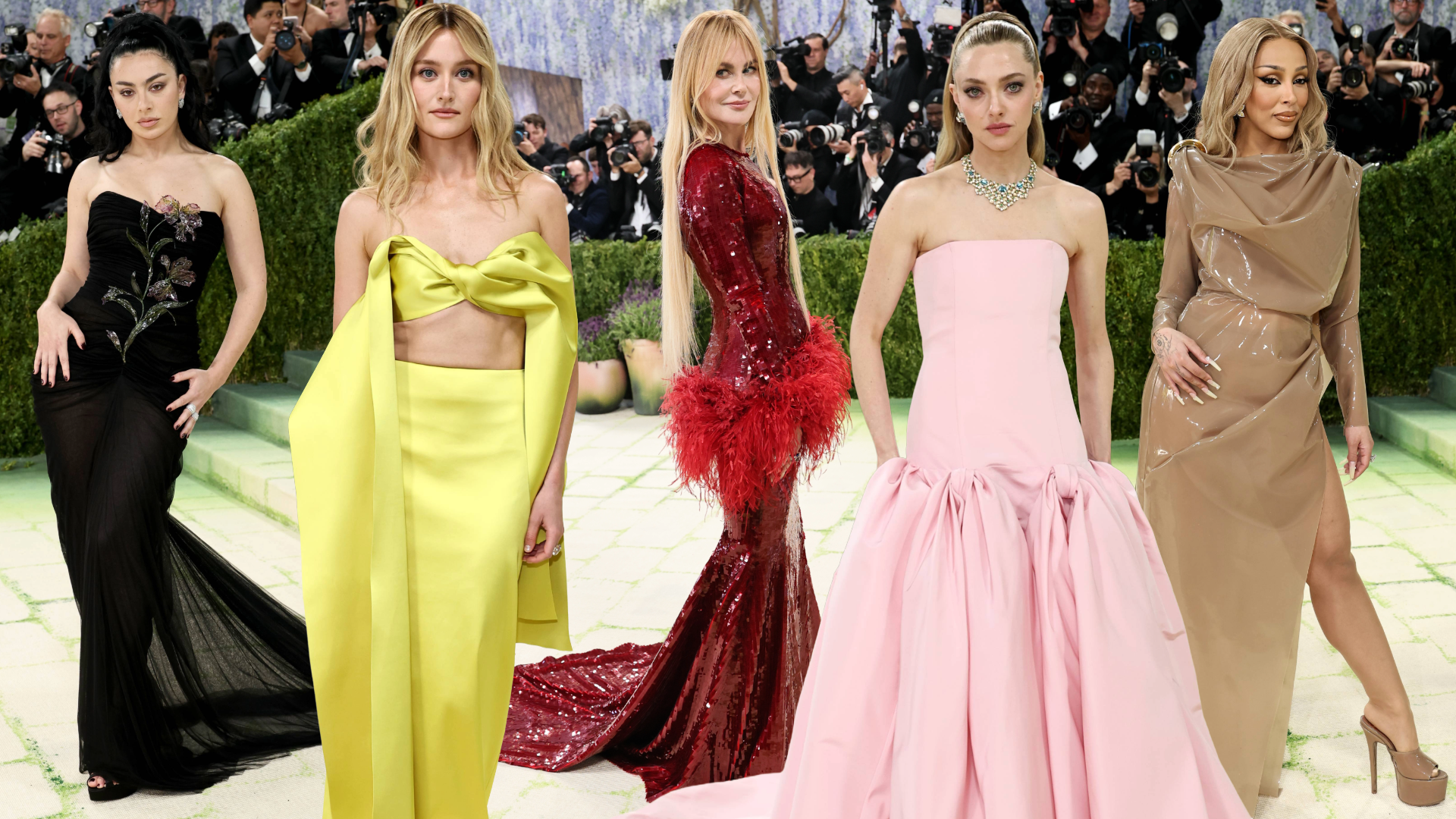 collage of Charli XCX, sarah pigeon, nicole kidman, and doja cat at the 2026 met gala