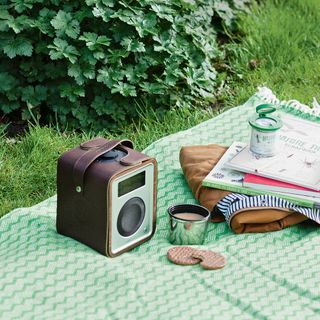 A radio outdoors on a green picnic blanket
