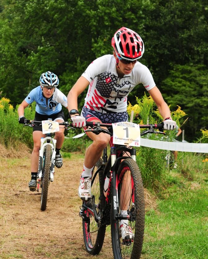 Lea Davison (Specialized) leading Chloe Woodruff on lap one