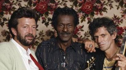 Eric Clapton, Chuck Berry and Keith Richards at Chuck Berry&#039;s Los Angeles home during the filming of Taylor Hackford&#039;s documentary &#039;Hail! Hail ! Rock n Roll&#039;, 1986