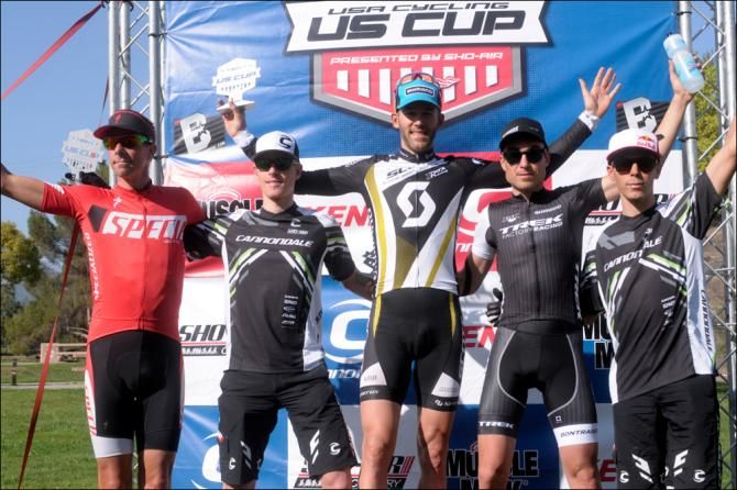 Geoff Kabush (Scott-3Rox) atop the elite men's podium at the Bonelli Park race for round 2 of the USA Cycling US Cup Series presented by Sho-Air Cycling Group