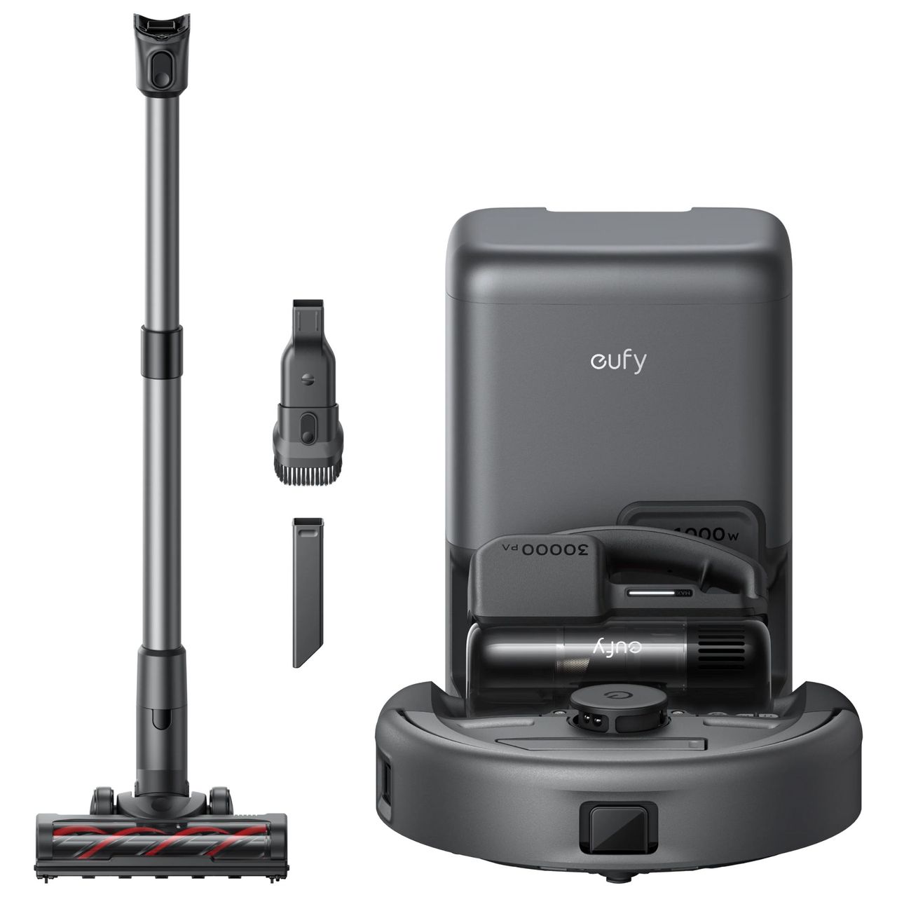 eufy 3 in 1 E20 robot vacuum with cordless attachment body and base unit