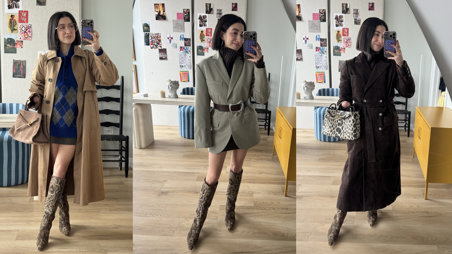 a collage of April Lockhart wearing statement boots by Sam Edelman in her home office