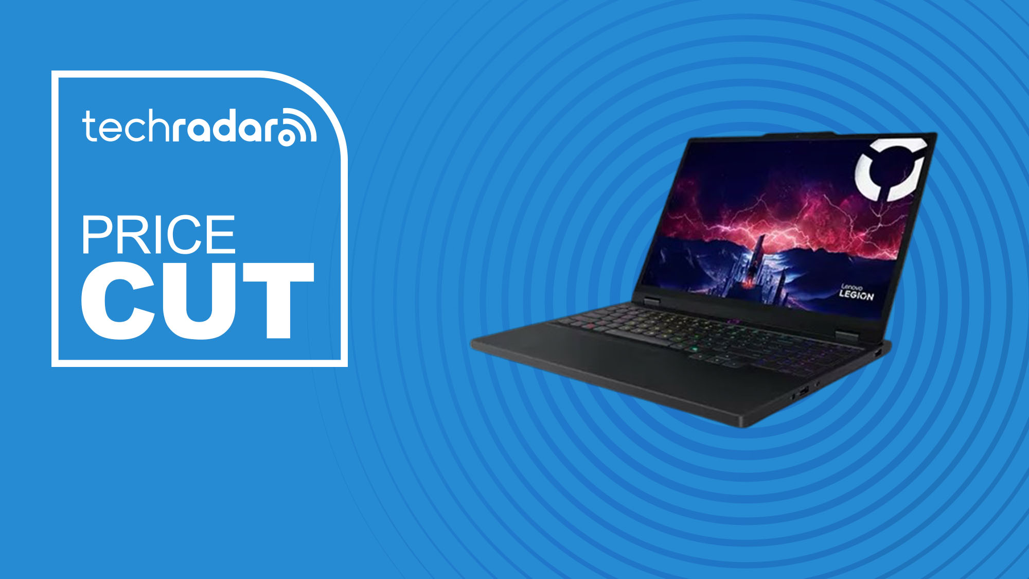The Lenovo Legion Gaming Laptop on a blue background with text saying Price Cut.
