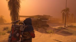 Arc Raiders The League: A player looking at a newspaper stand at Marano Station during a sandstorm.