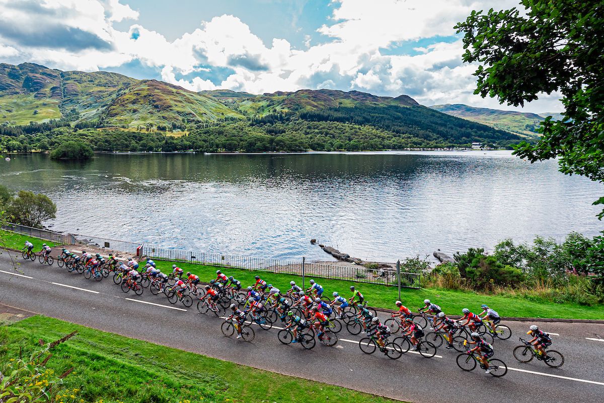 Picture by Alex Whitehead/SWpix.com - 10/08/19 - Cycling - Women's Tour of Scotland - Stage 2: Glasgow to Perth - The peloton in action near Loch Earn.