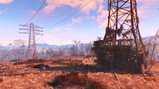 Paysage désertique de Fallout avec des pylônes disséminés au loin