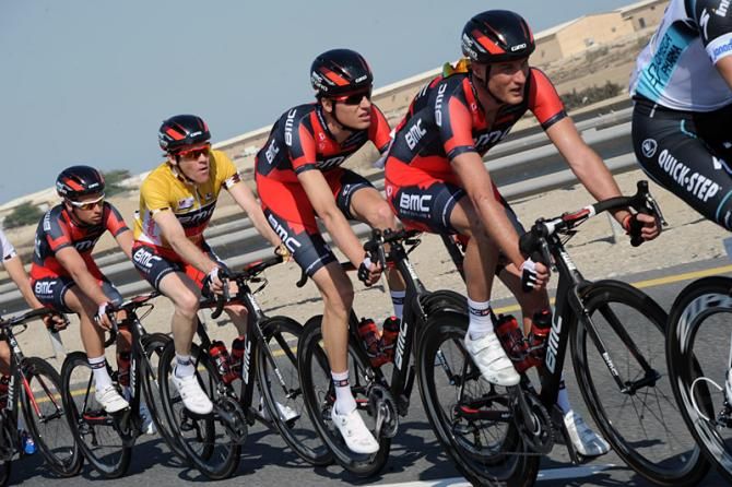 The BMC team keeps race leader Brent Bookwalter well protected in the peloton.