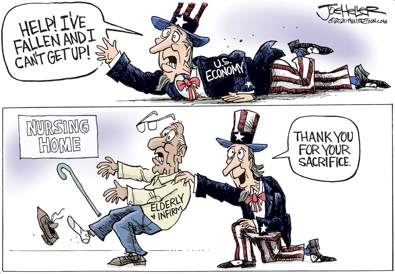 Political Cartoon U.S. life alert Uncle Sam elderly first line of coronavirus warfare U.S. economy