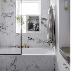 marble bathroom with Crittal style shower screen