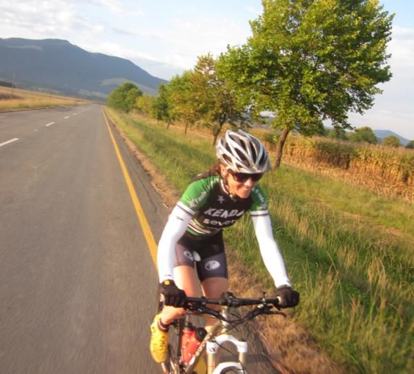 Mary McConneloug on an evening training ride in South Africa