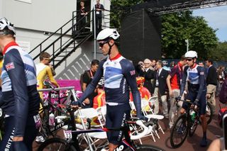 David Millar parks his bike before the start of the race