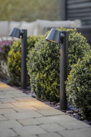 pathway lined with small post lights in a flowerbed