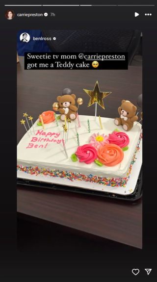 Carrie Preston's repost of Ben Levi Ross's post about his birthday cake which has Teddy bears on it. He wrote "Sweetie tv mom @carriepreston got me a Teddy cake."