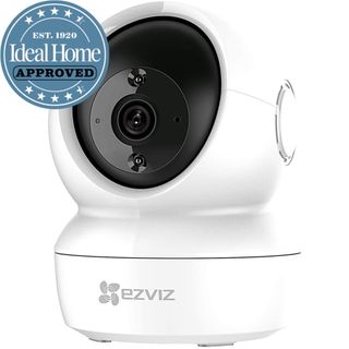 White dome shaped Ezviz C6N security camera with a white background and Ideal Home approved logo.