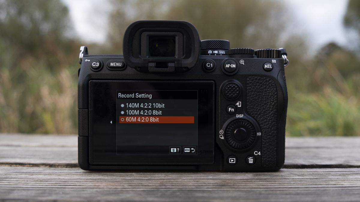 The Sony A7 IV camera's rear screen showing video settings