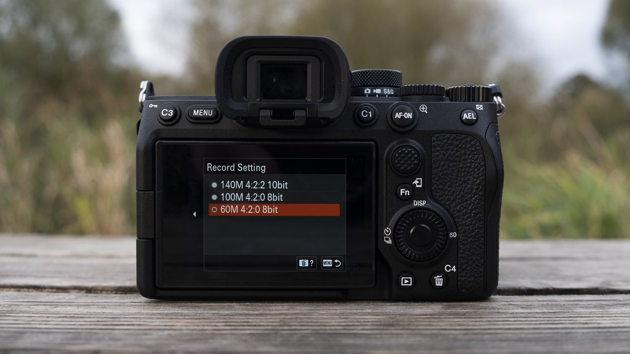 The Sony A7 IV camera's rear screen showing video settings
