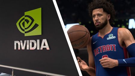 Nvidia logo at Gamescom alongside DLSS 5 image of NBA 2K27