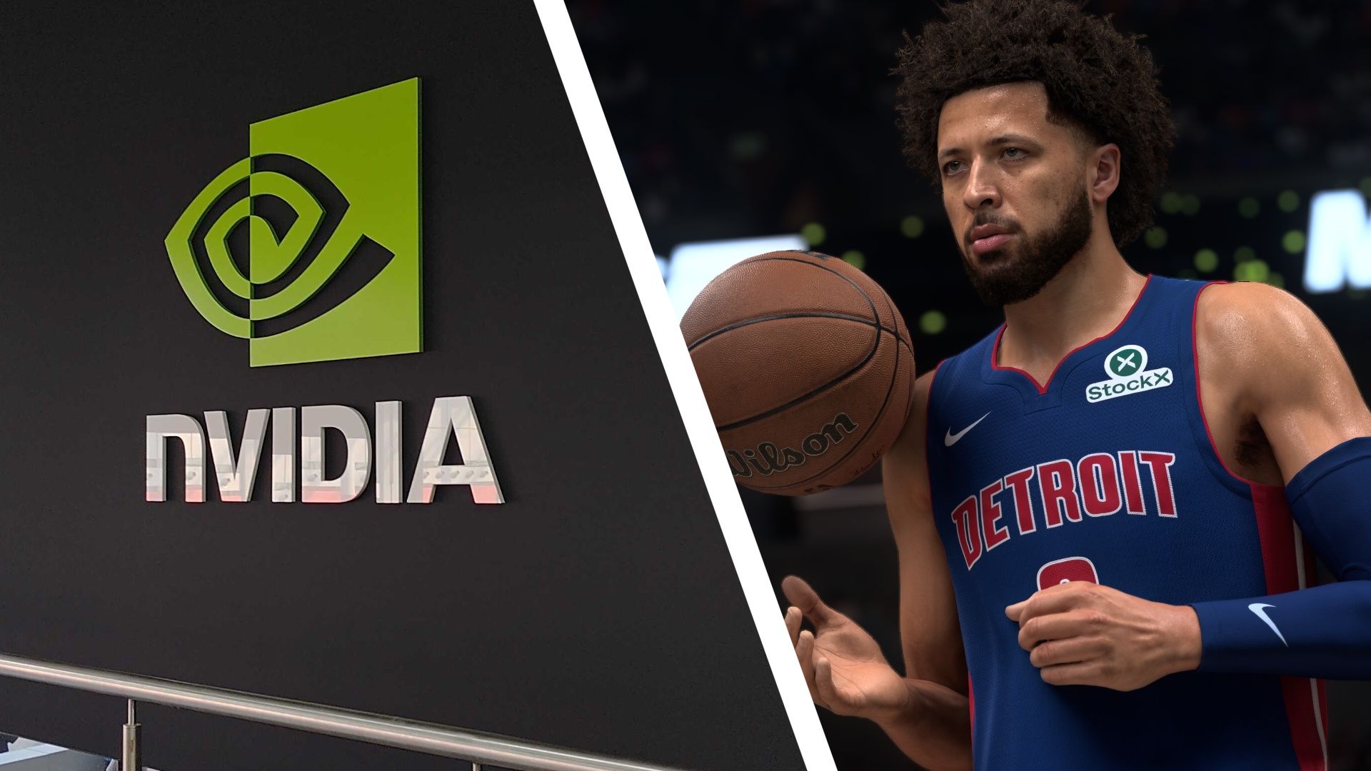 Nvidia logo at Gamescom alongside DLSS 5 image of NBA 2K27