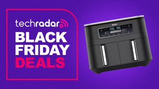 Two-drawer air fryer on purple background with text reading "TechRadar Black Friday Deals"