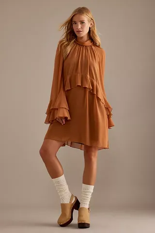 By Anthropologie High-Neck Ruffle Chiffon Mini Dress