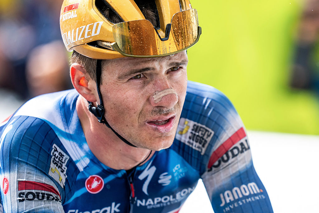 Soudal Quick-Step team's Belgian rider Remco Evenepoel crosses the finish line on 11th place of the fourth stage of the Tour of Romandie UCI cycling World tour, a 128,4 km from Sion to Thyon 2000, in Thyon, on May 3, 2025. (Photo by Maxime SCHMID / AFP)