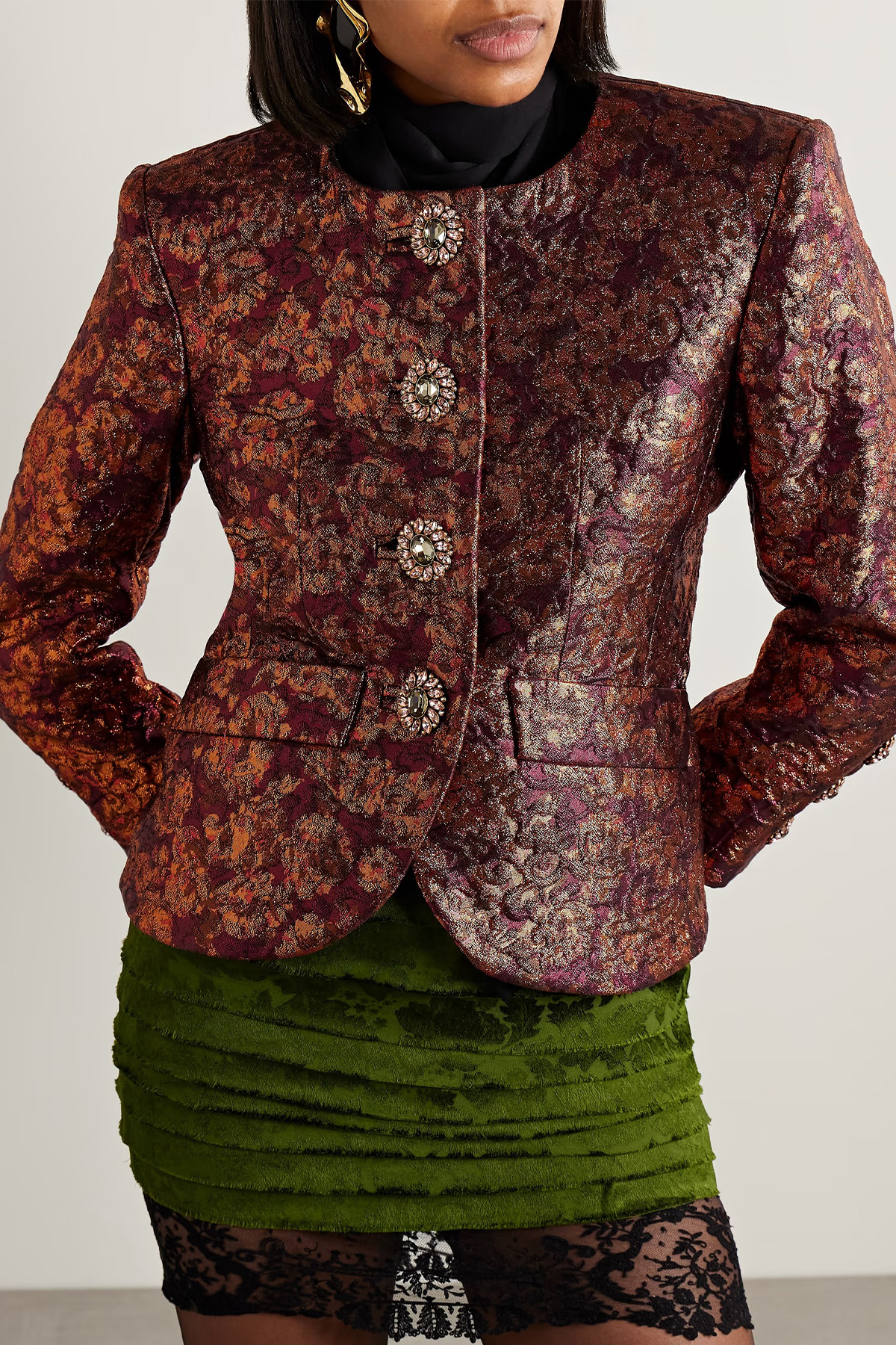 Saint Laurent Crystal-Embellished Metallic Wool-Blend Brocade Jacket 