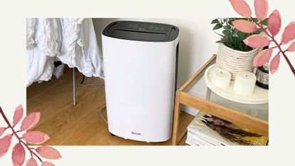 bordered image of Swan dehumidifier with clothes nearby and a decorative table to support a guide on how to clean a dehumidifier