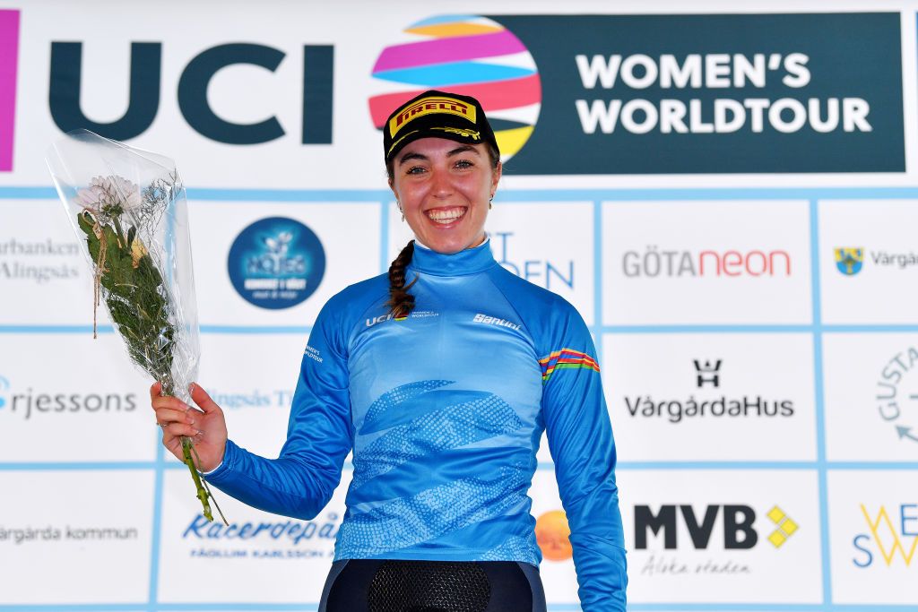 VARGARDA SWEDEN AUGUST 06 Shirin Van Anrooij of Netherlands and Team Trek Segafredo celebrates winning the Blue UCI Best Young Jersey on the podium ceremony after 15th Postnord Vrgrda WestSweden TTT a 356km team time trial from Vargarda to Vargarda UCIWWT VargardaCycling on August 06 2022 in Vargarda Sweden Photo by Luc ClaessenGetty Images