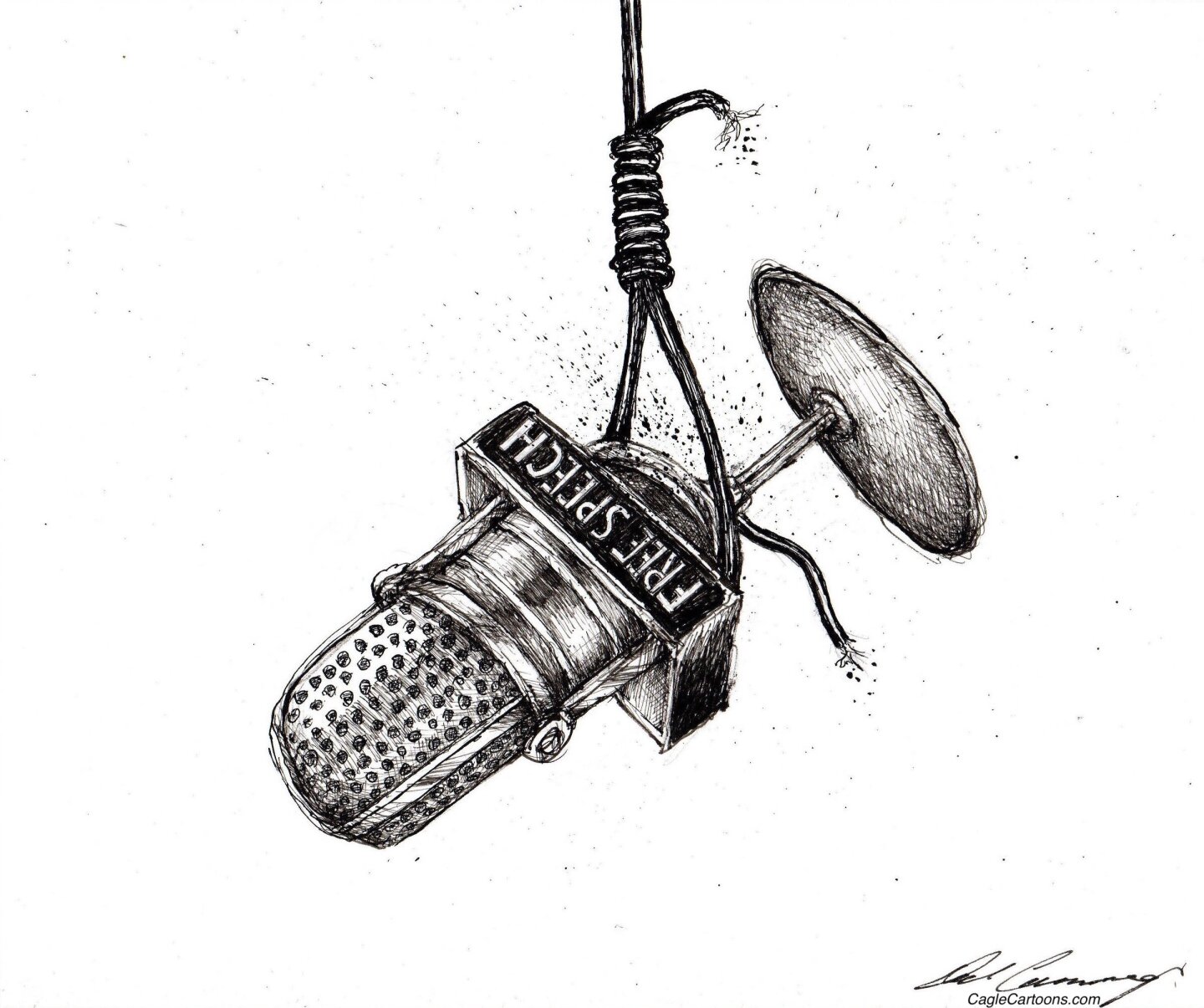 This political cartoon depicts a microphone labeled &amp;ldquo;Free Speech&amp;rdquo; dangling lifelessly from a hangman&amp;rsquo;s noose.