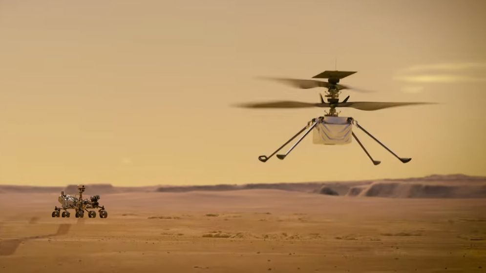 An artist&#039;s impression of NASA&#039;s Mars helicopter Ingenuity flying on the Red Planet.