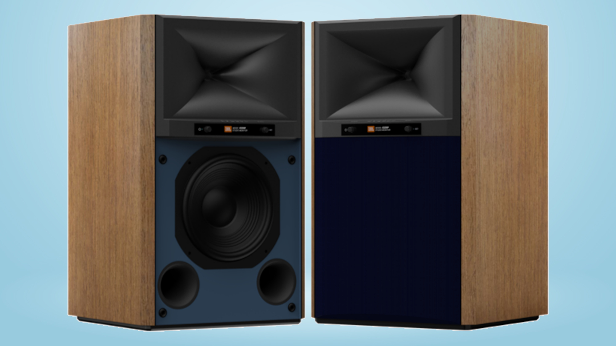 JBL 4329P speakers on a blue background