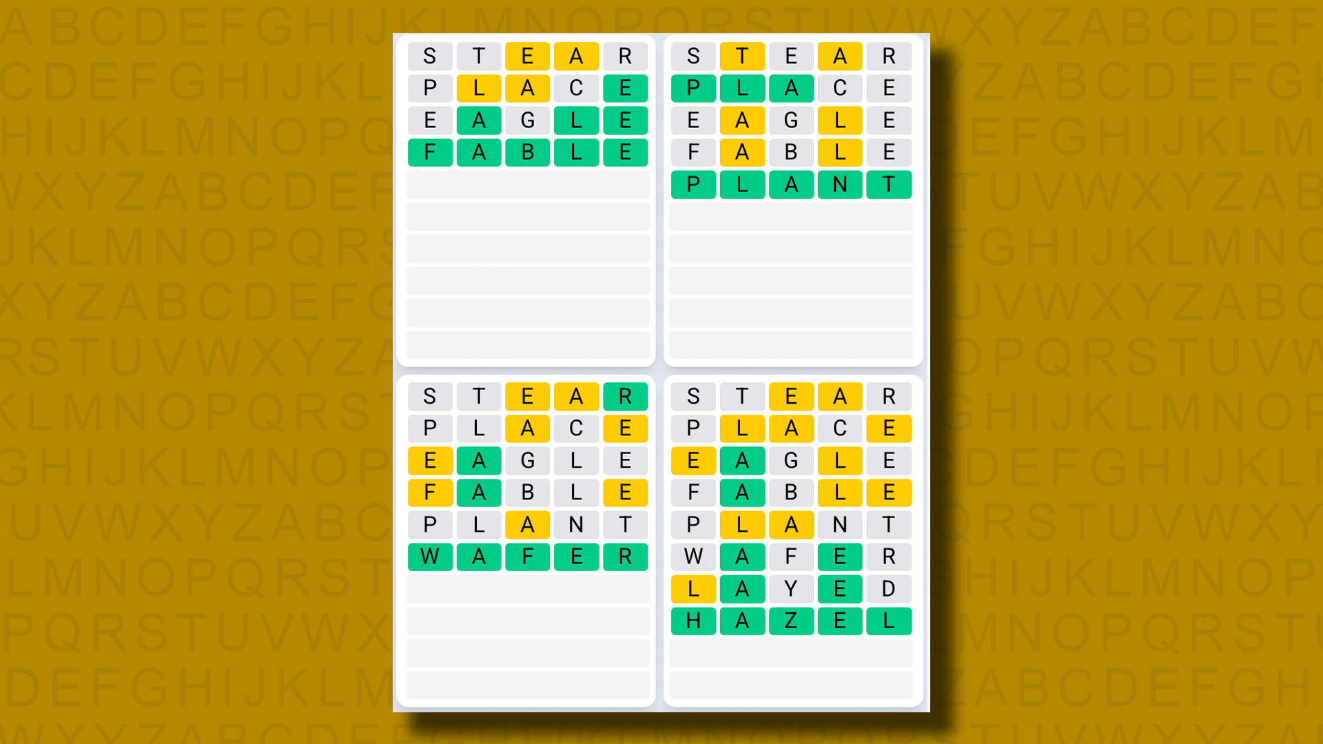 Quordle Daily Sequence answers for game 1308 on a yellow background