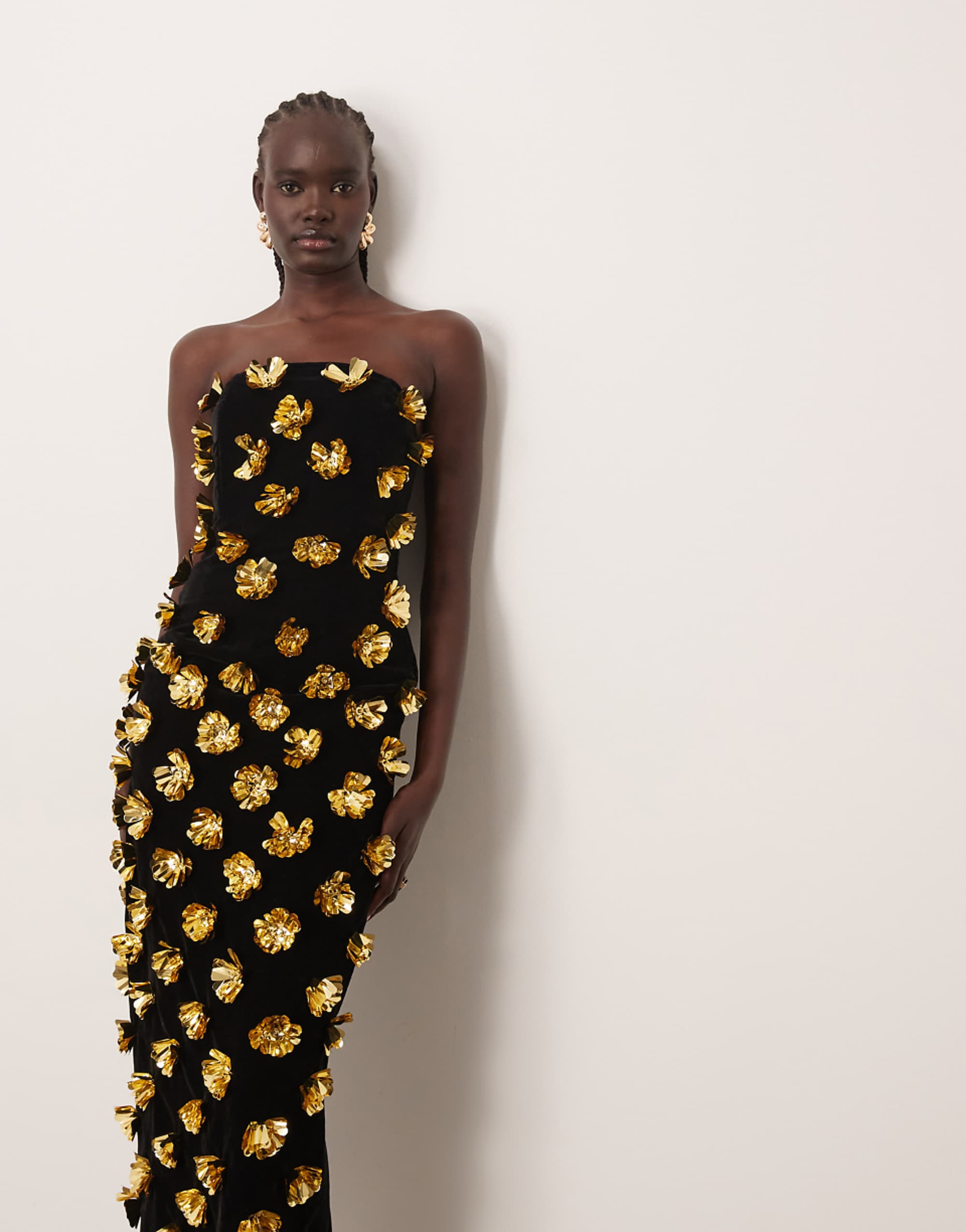 Arrange 3d Floral Bandeau Column Maxi Dress in Black