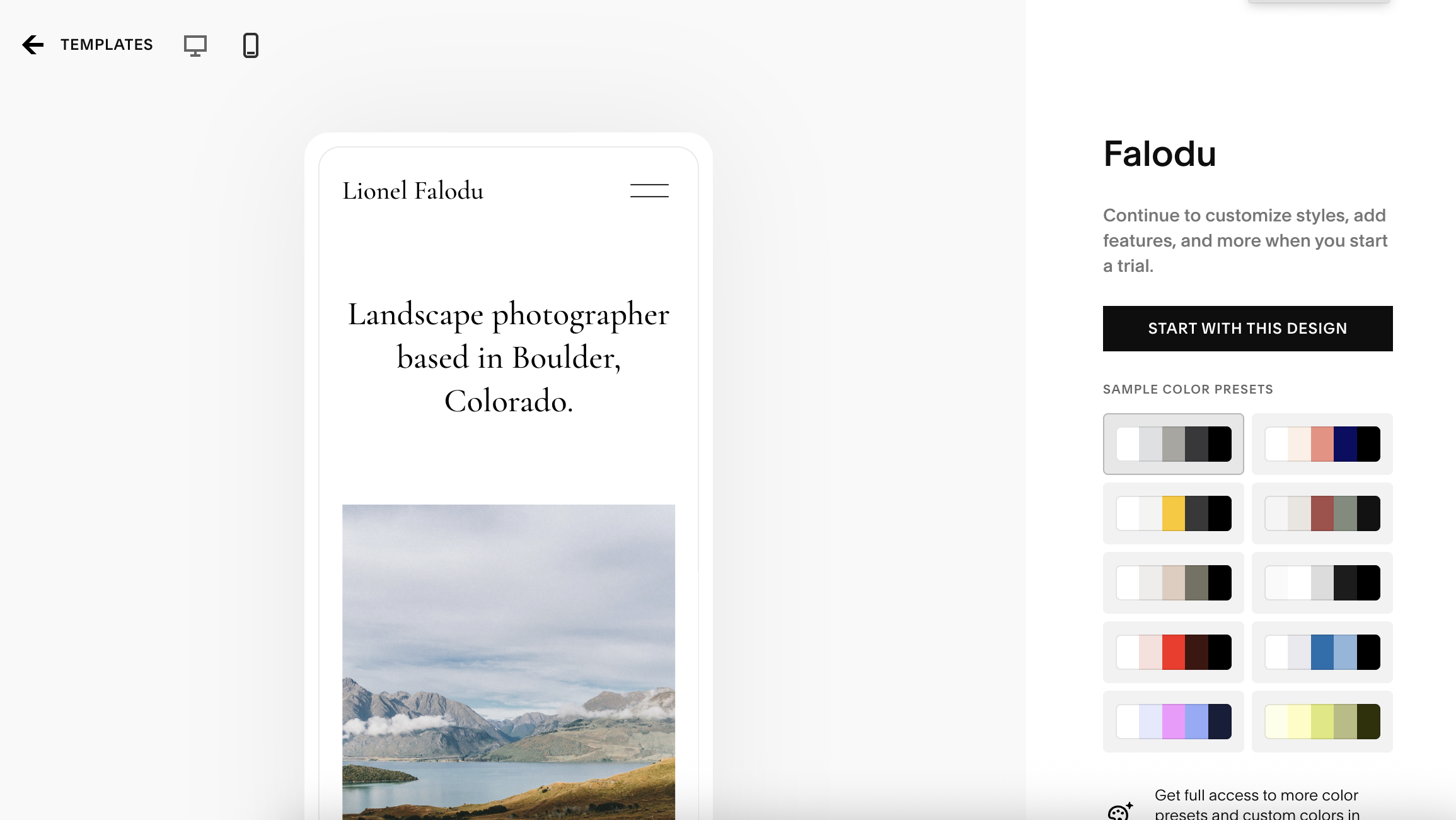 Screengrab showing template selection in Squarespace