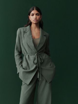 Green Textured Crinkled Tie Waist Relaxed Blazer