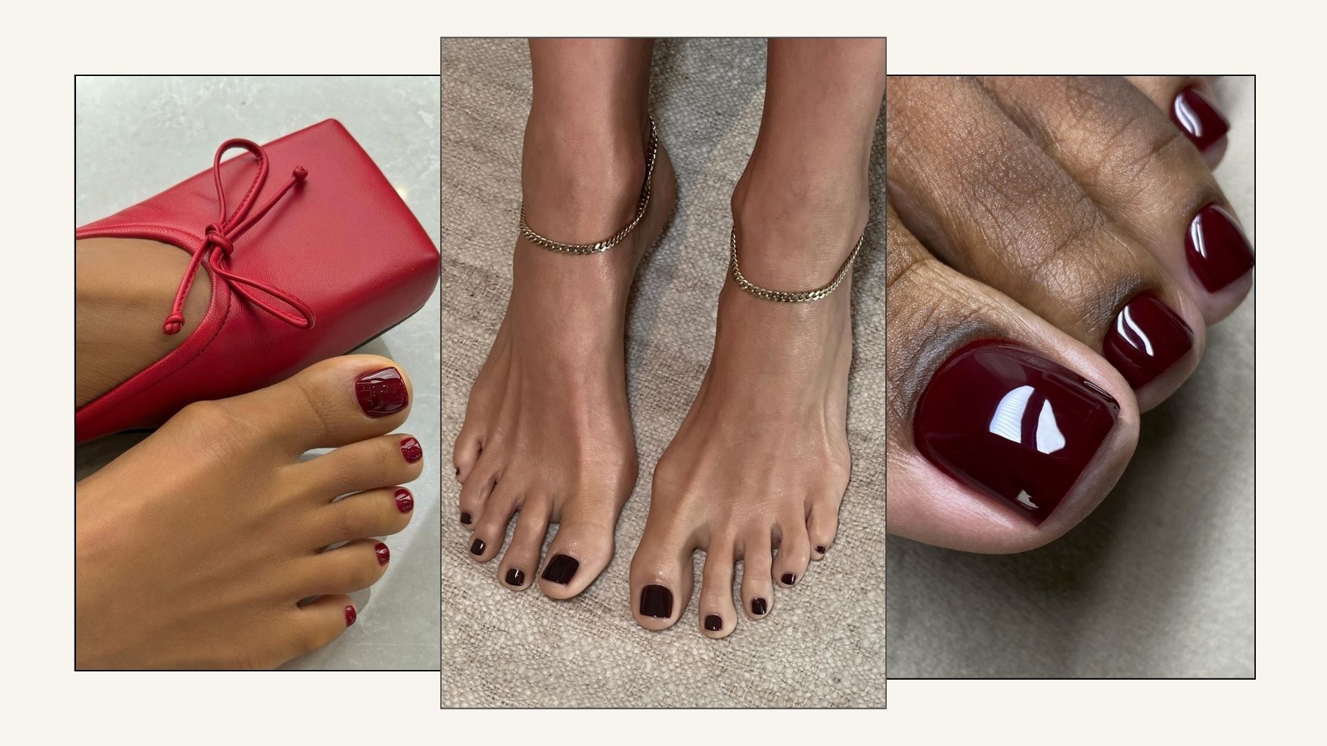 A collage of black cherry pedicure looks on three sets of feet