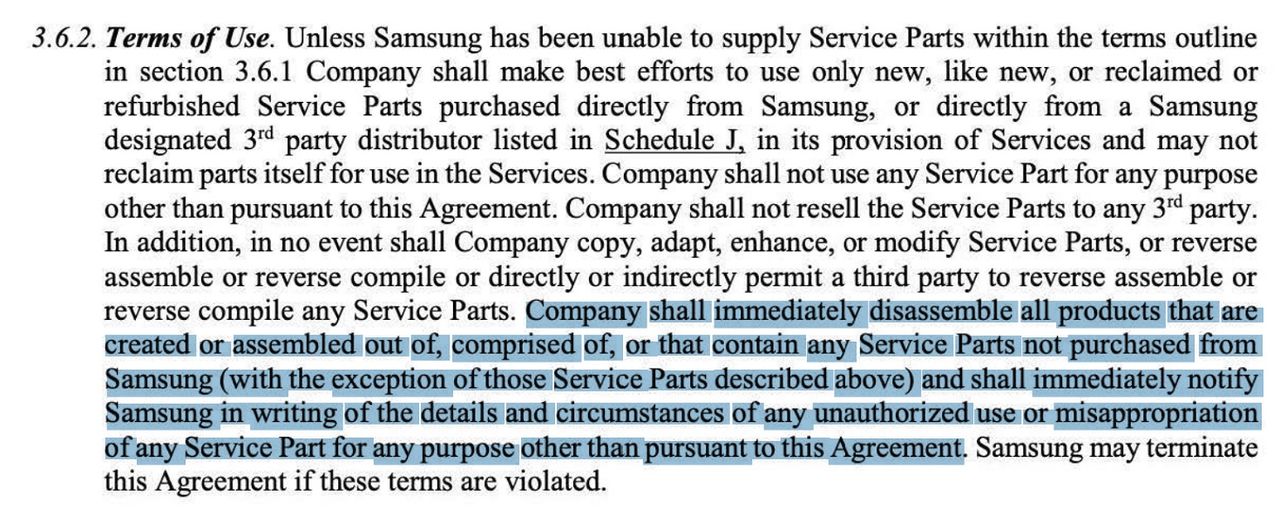 A portion of a contract repair must adhere to for Samsung as they are required to "disassemble" user devices if a third-party part was used.