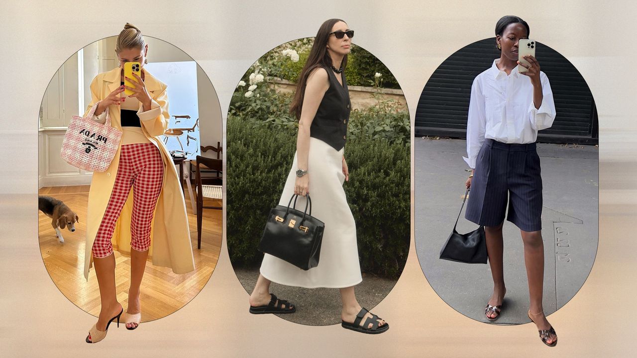 a collage of women wearing mules