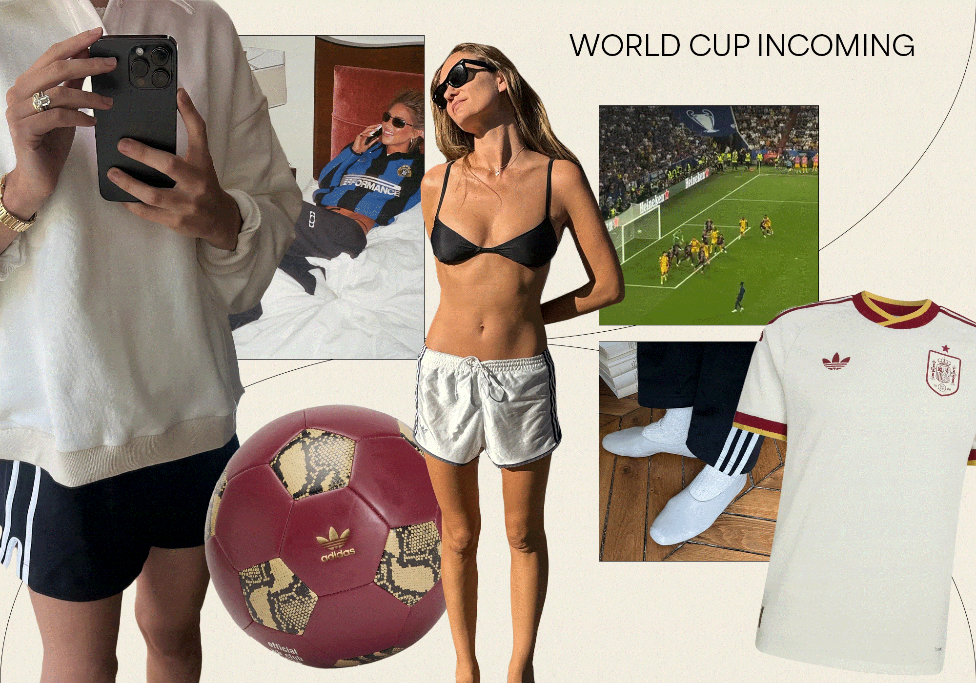 A collage featuring the World Cup soccer-inspired summer 2026 fashion trend with runway, Instagram, and product imagery and gifs.