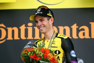 Jumbo-Visma's Wout van Aert is all smiles after having won stage 10 of the 2019 Tour de France