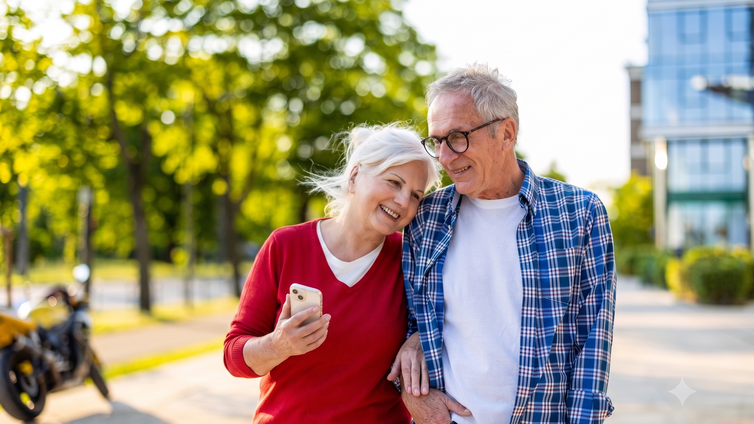A happy older couple walks outside, leaning into eachother.