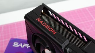 The radeon logo on the AMD Radeon RX 9070