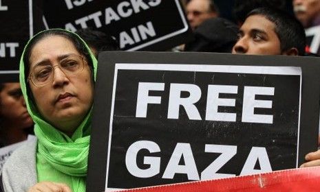 Protesters gather outside the Israeli consulate in New York City.